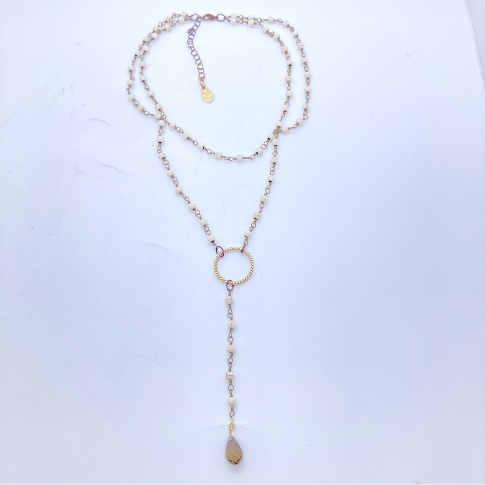 BHD Y-Drop Necklace 2 Chain Multilayer Gold Tone Faceted Teardrop Accent